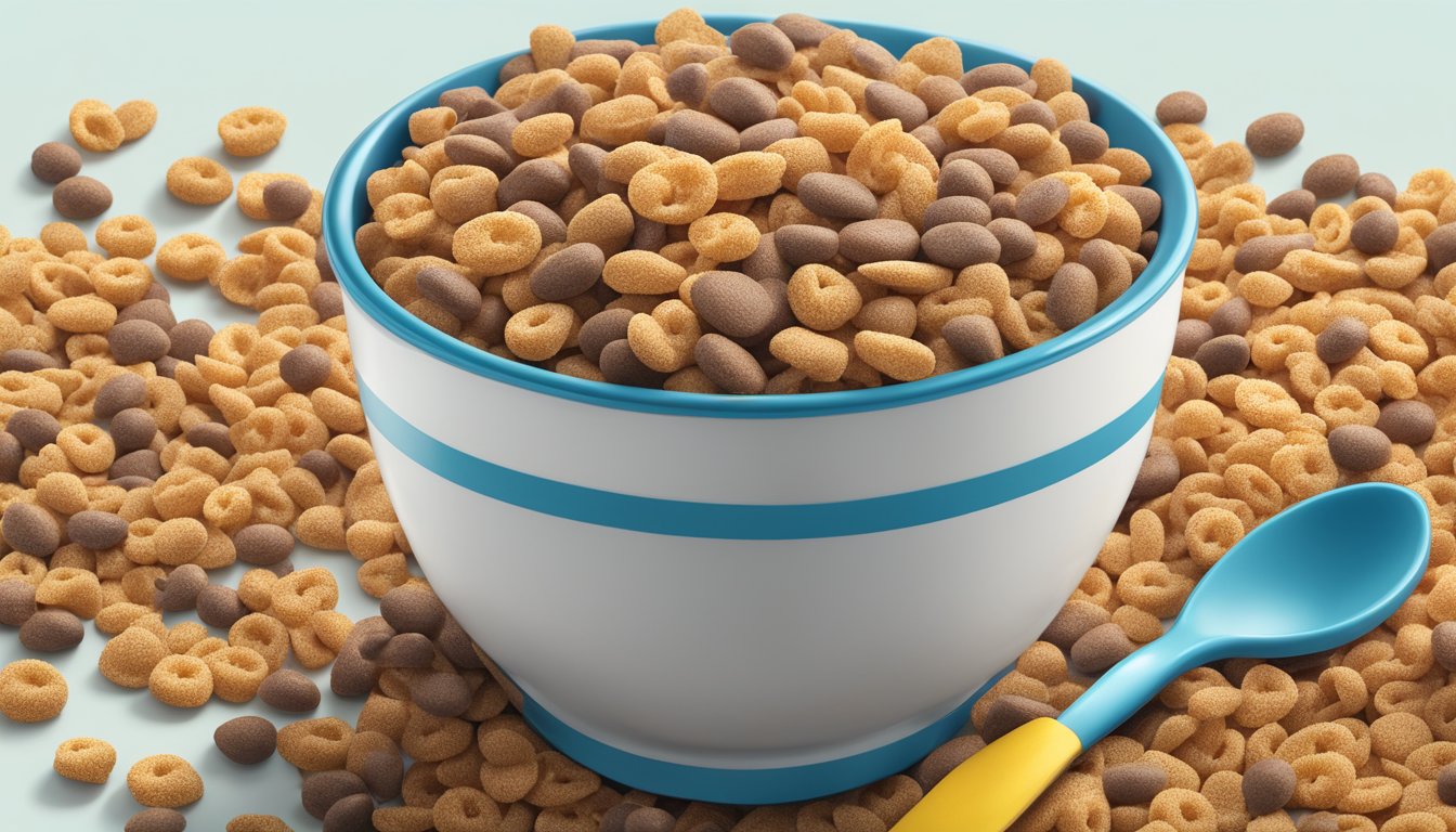 A bowl of cocoa pebbles and kaboom cereal with nutritional labels