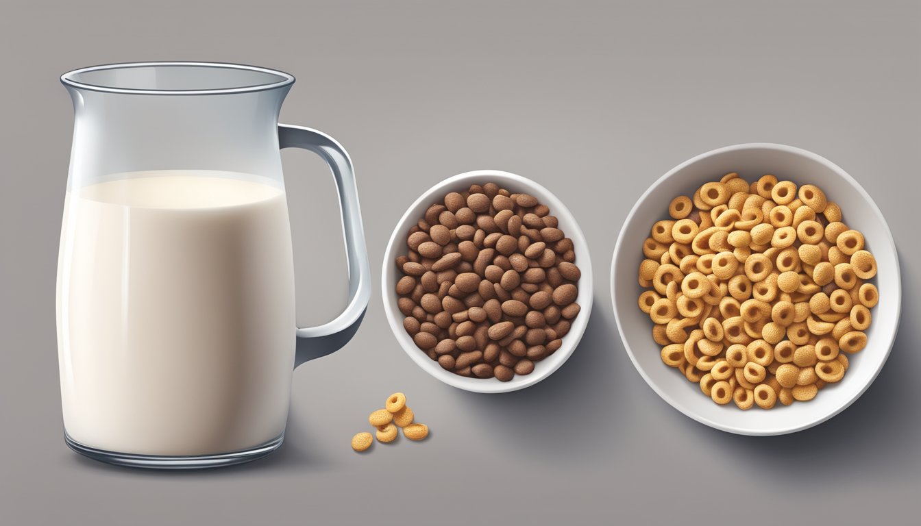 A bowl of cocoa pebbles and honey nut cheerios side by side with nutritional labels and a measuring cup of milk