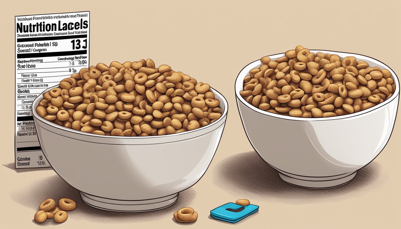 A bowl of cocoa pebbles and a bowl of honey nut cheerios with a measuring tape and nutritional information labels nearby