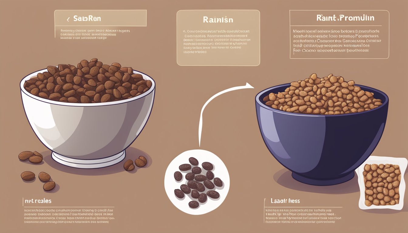 A bowl of Cocoa Pebbles and a bowl of Post Raisin Bran next to each other, with their respective nutritional labels displayed prominently