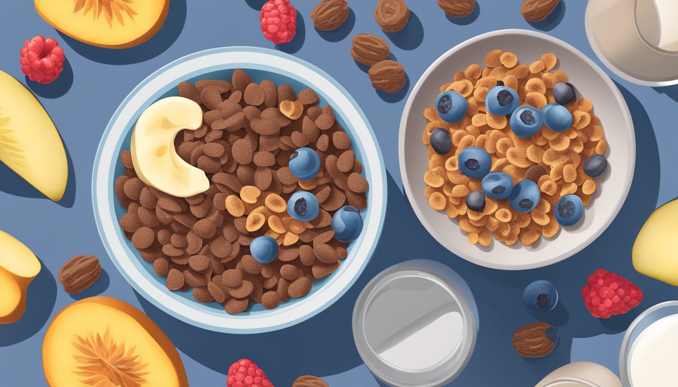 A bowl of cocoa pebbles and a bowl of Post Raisin Bran cereal sit side by side, surrounded by fresh fruits and a glass of milk