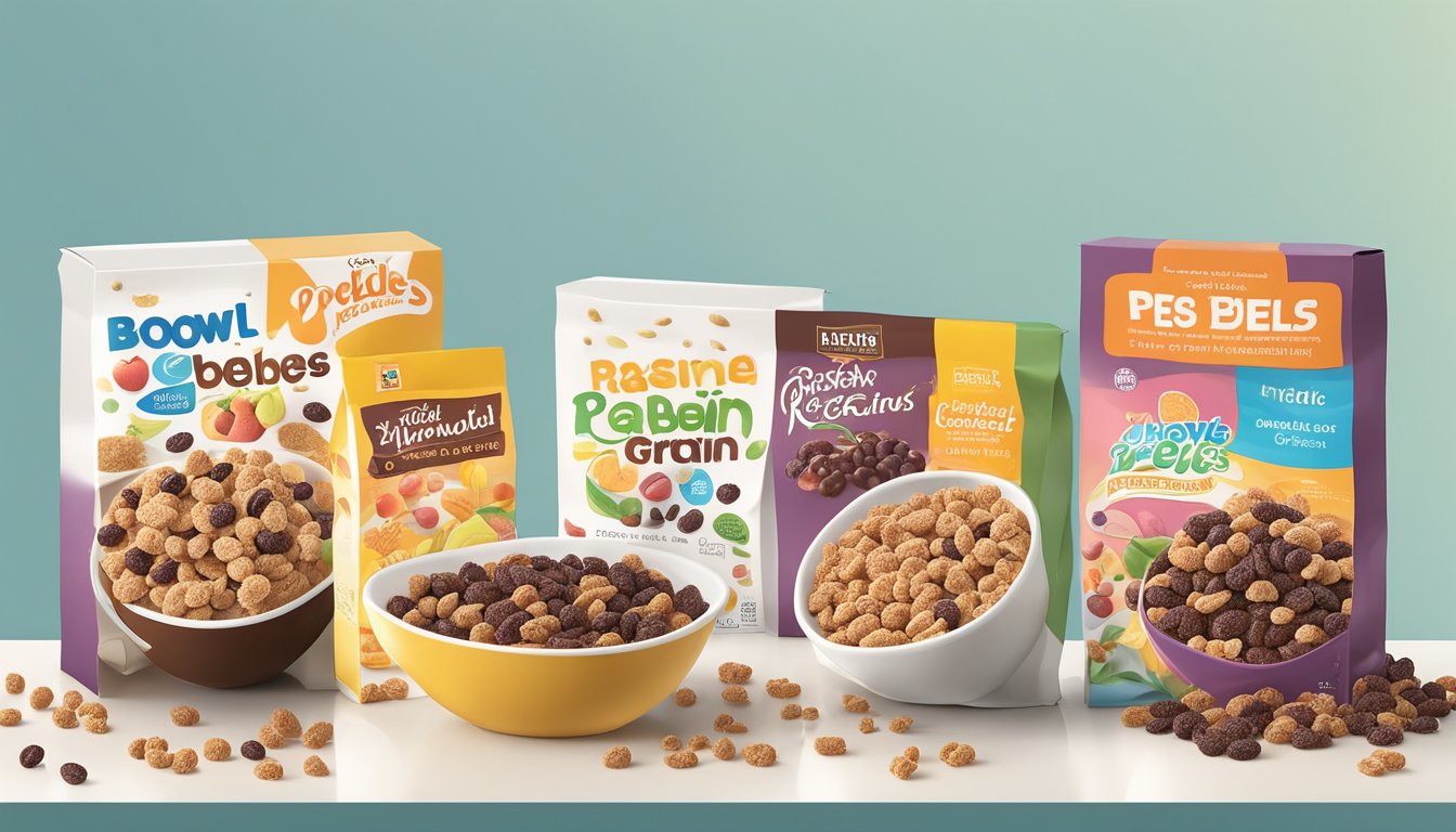 A bowl of cocoa pebbles and a bowl of Post raisin bran cereal sit side by side, surrounded by images of fresh fruits and whole grains