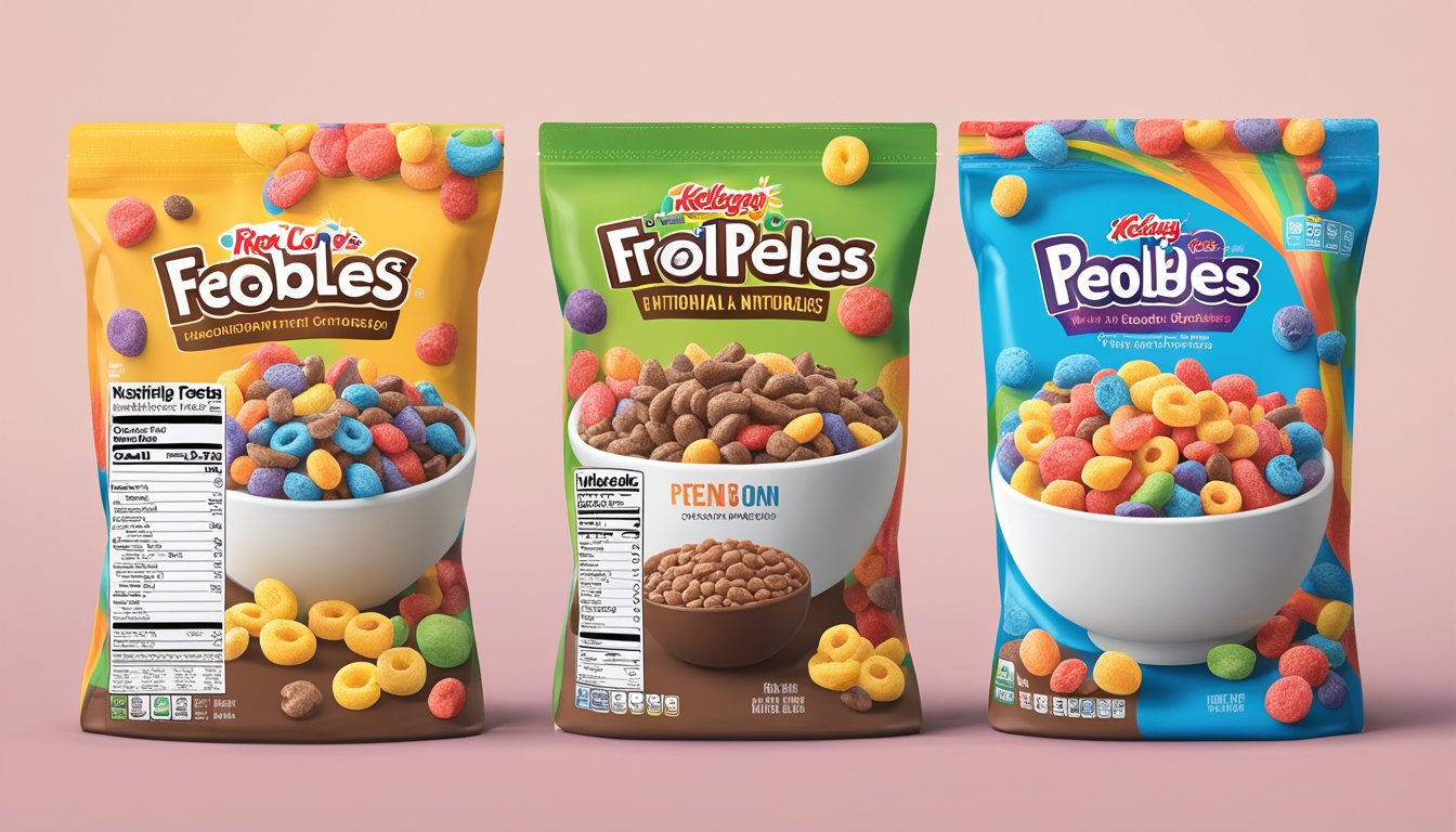 A bowl of cocoa pebbles and a bowl of Kellogg's Froot Loops side by side, with a nutritional label next to each, surrounded by various fruits and grains