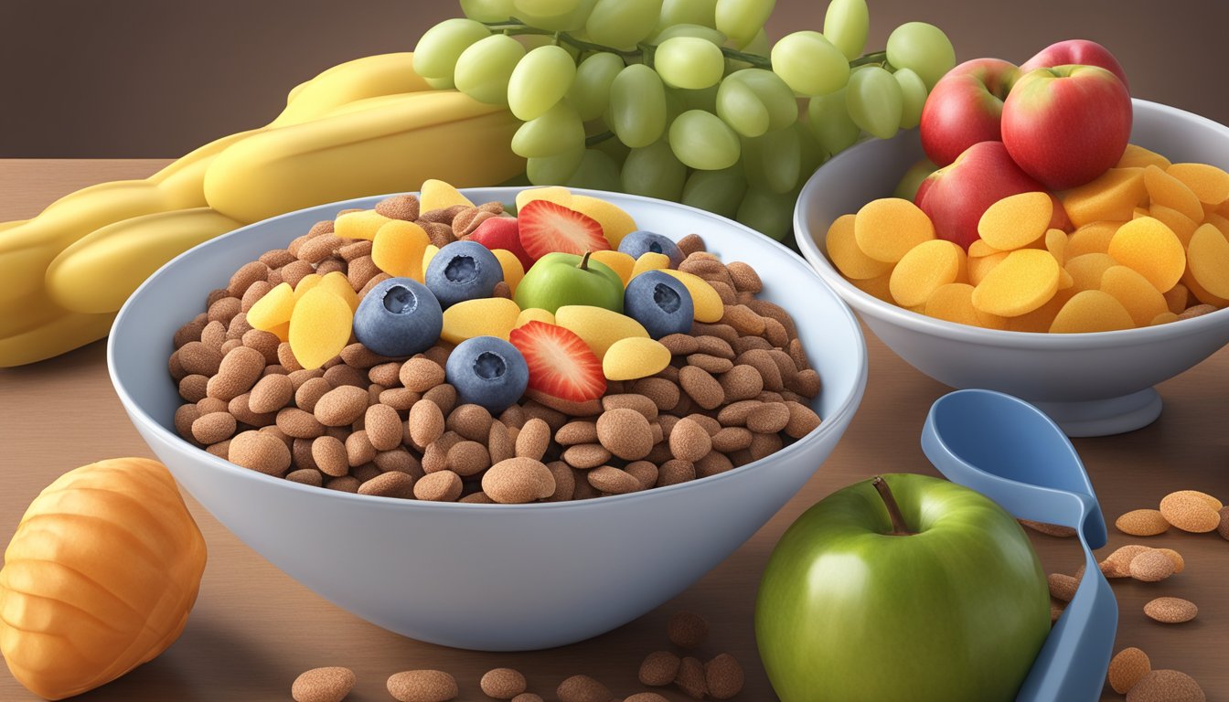 A bowl of cocoa pebbles and frosted flakes next to a variety of fruits and vegetables, with a measuring tape and nutrition label in the background