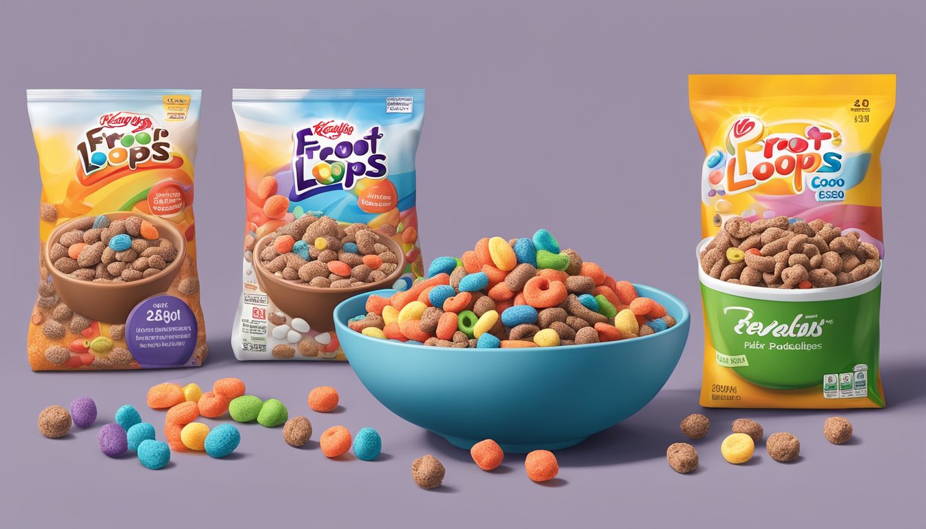 A bowl of cocoa pebbles and a bowl of Kellogg's Froot Loops surrounded by various ingredients and additives, with a nutrition label in the background