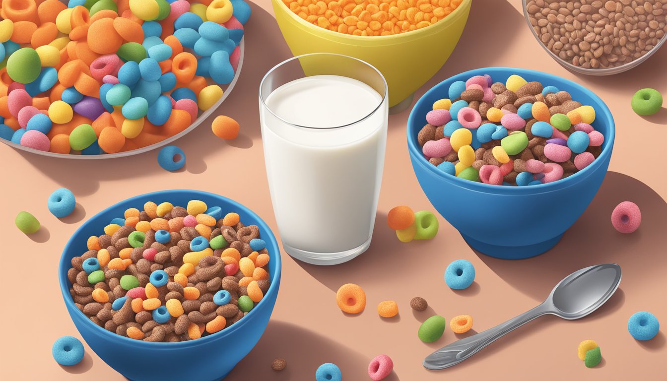 A bowl of cocoa pebbles and a bowl of Kellogg's Froot Loops side by side, surrounded by a variety of fruits and a glass of milk