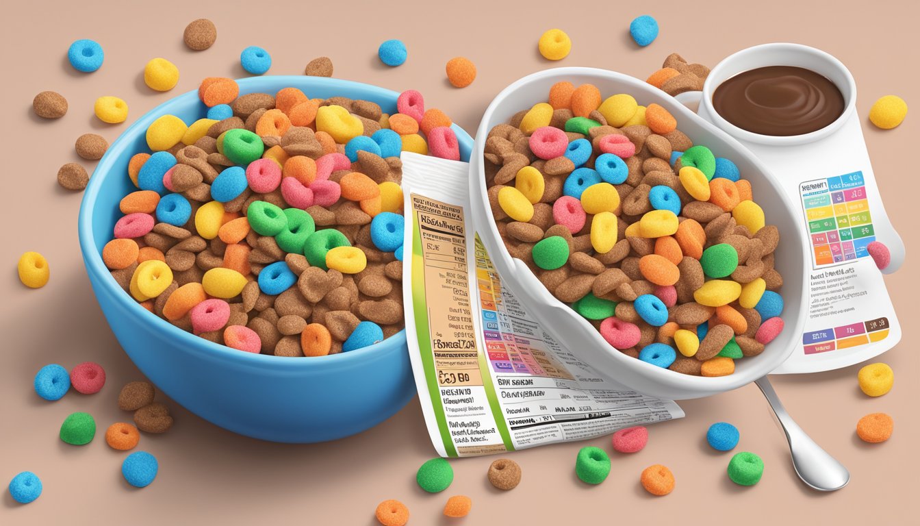 A bowl of cocoa pebbles and a bowl of Kellogg's Froot Loops surrounded by nutritional information labels