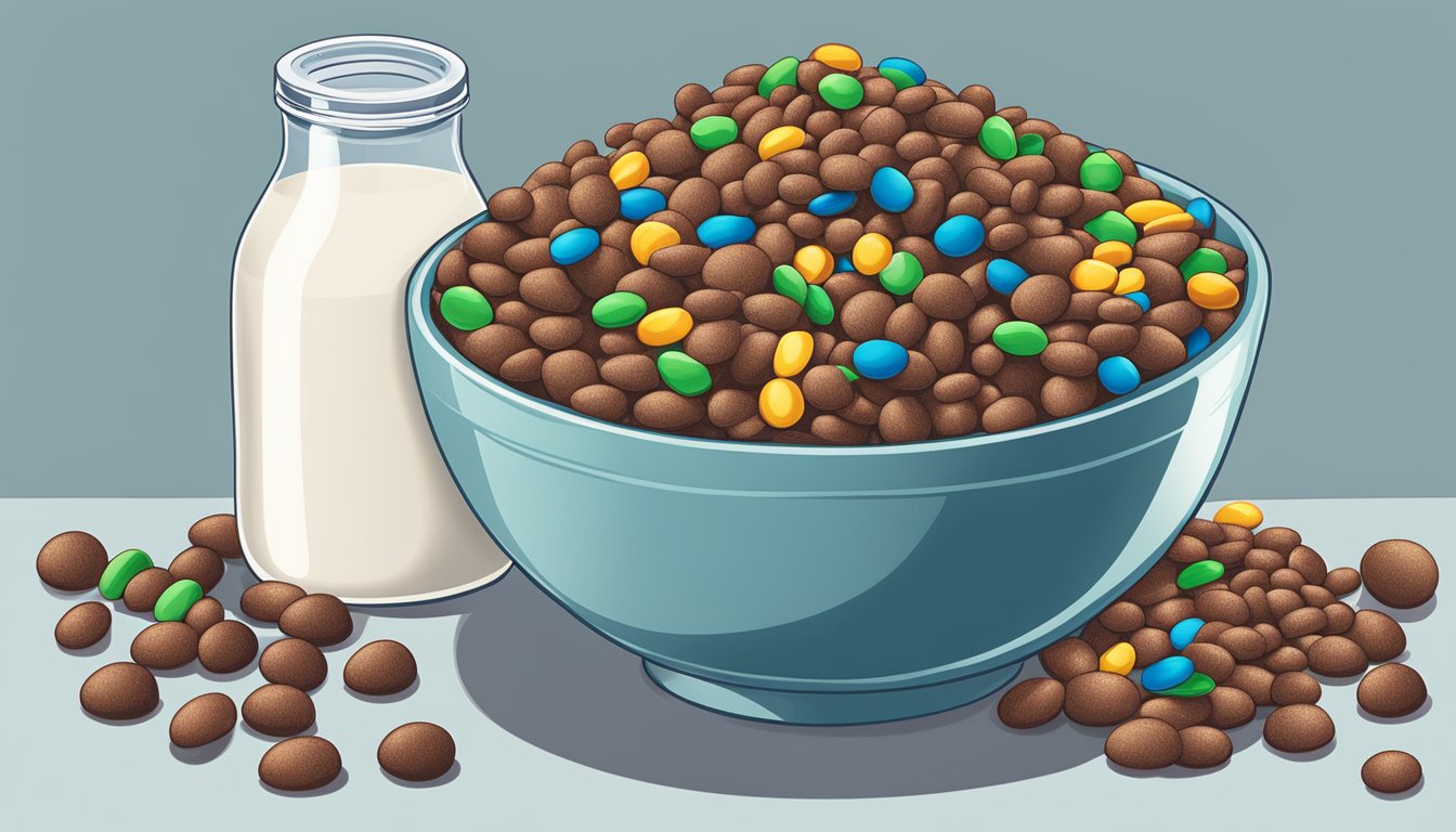 A bowl of Cocoa Pebbles and a bowl of Trix side by side, with nutritional labels and milk in the background