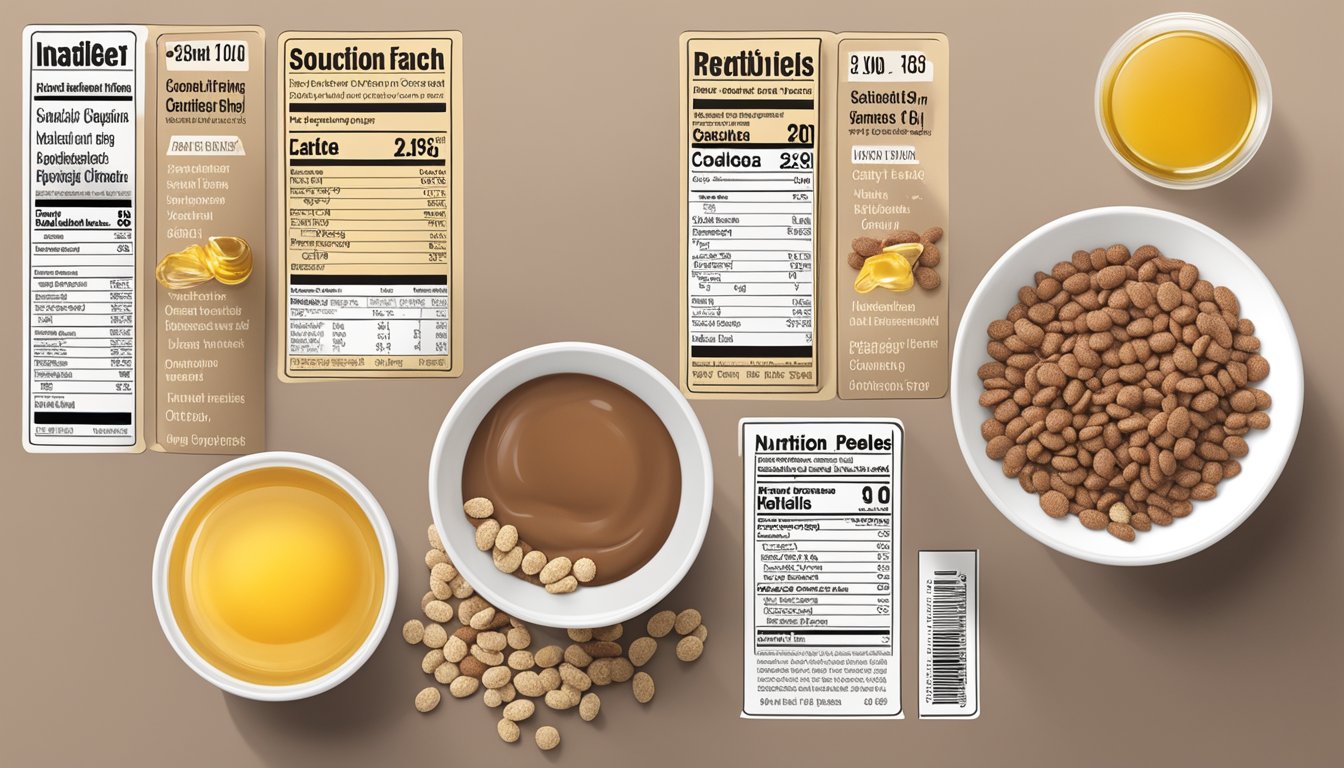 A bowl of cocoa pebbles and a bowl of honey ohs side by side with their respective nutrition labels displayed next to them