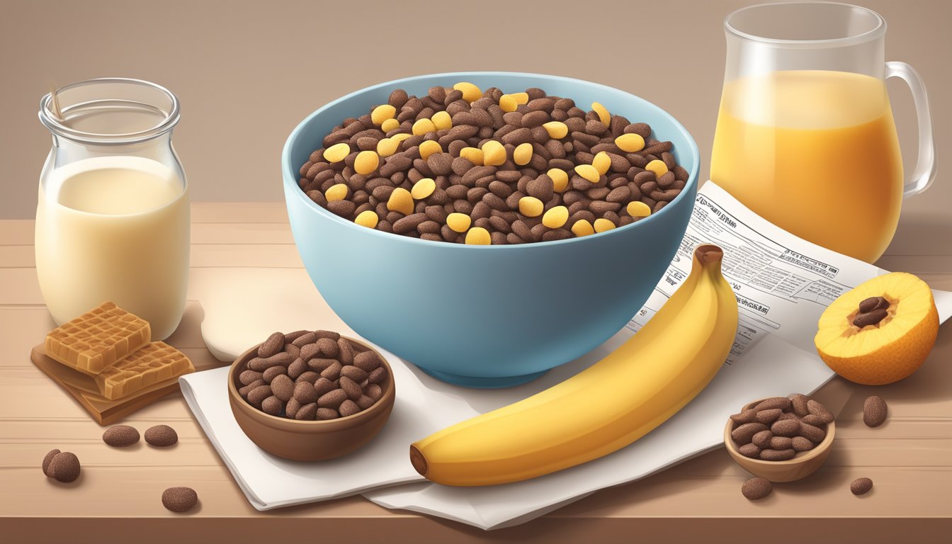 A bowl of cocoa pebbles and honey ohs surrounded by various fruits and a glass of milk, with a nutritional information label in the background