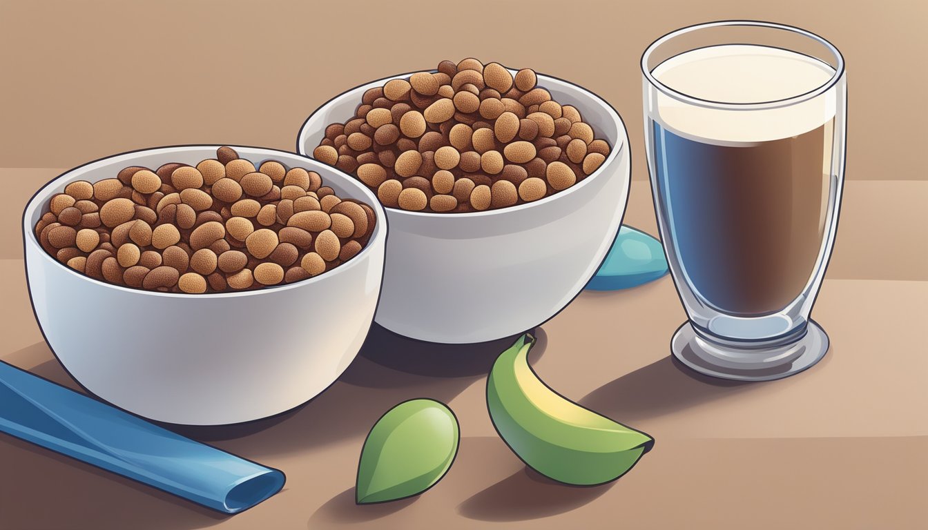 A bowl of cocoa pebbles and a bowl of Trix sit side by side on a table, surrounded by fresh fruit and a glass of milk