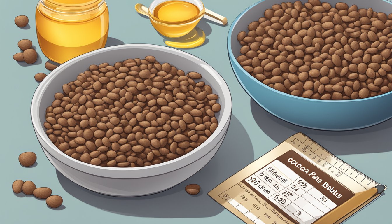 A bowl of cocoa pebbles and a bowl of honey ohs side by side, with a measuring tape and a nutrition label in the background