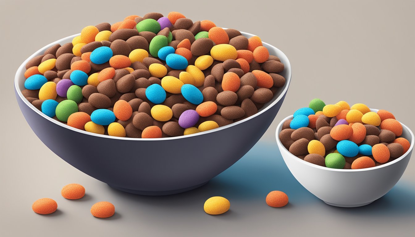 A bowl of cocoa pebbles and a bowl of Trix sit side by side, showcasing their vibrant colors and varying textures. A nutrition label is visible in the background