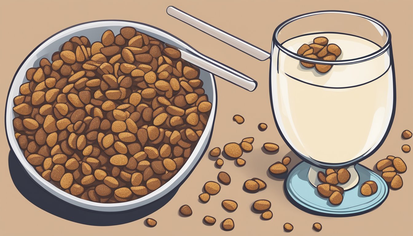 A bowl of cocoa pebbles and honey ohs side by side, with a glass of milk next to them