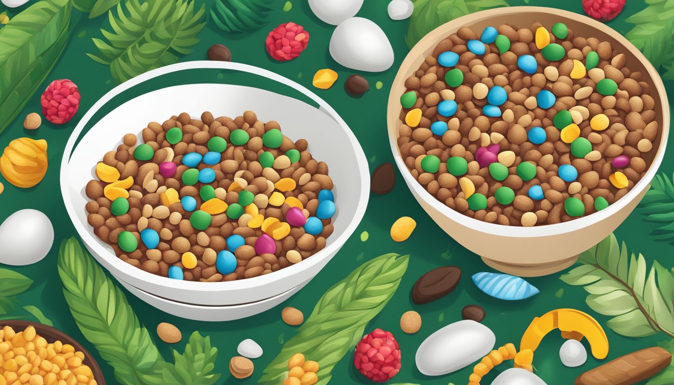 A vibrant cereal bowl with cocoa pebbles and trix surrounded by lush greenery and ethically sourced ingredients