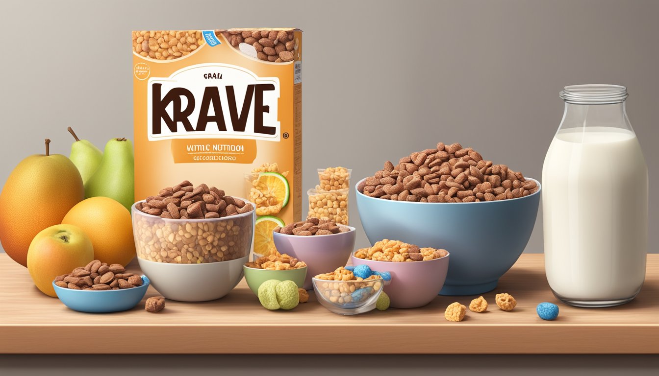 A bowl of cocoa pebbles and krave cereal surrounded by various fruits and milk cartons, with a nutrition label and a scale nearby