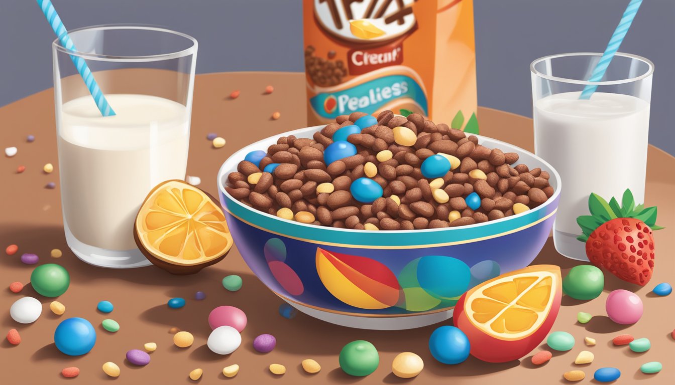 A bowl of cocoa pebbles and a bowl of Trix cereal sit side by side on a table, surrounded by scattered pieces of fruit and a glass of milk