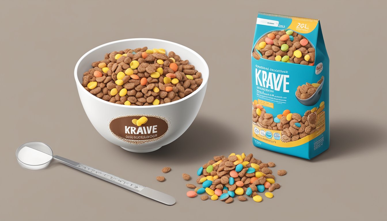 A bowl of cocoa pebbles and a bowl of Krave cereal, surrounded by nutritional fact labels and a measuring scale