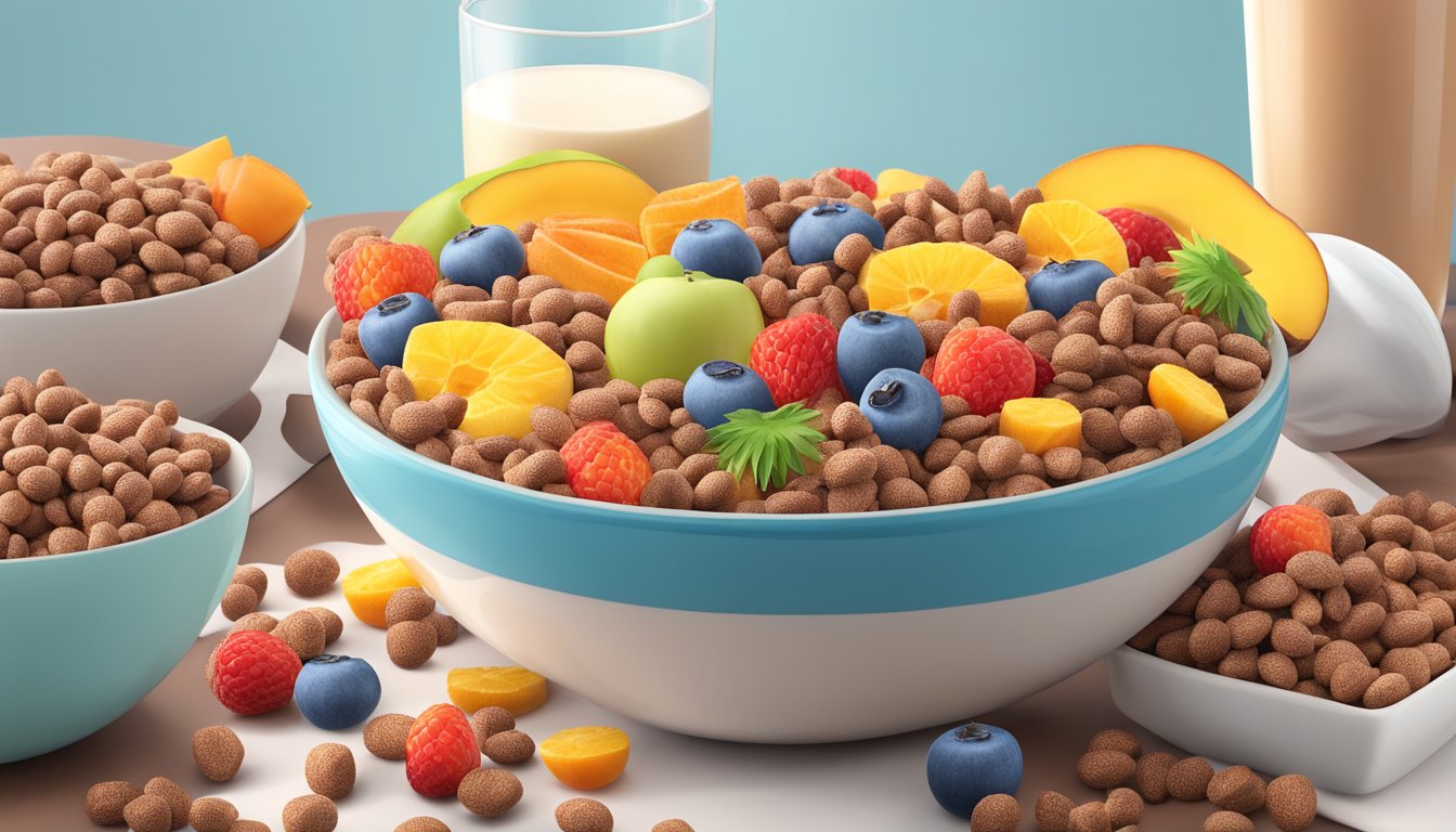 A bowl filled with cocoa pebbles and krave cereal, surrounded by a variety of fruits and a glass of milk