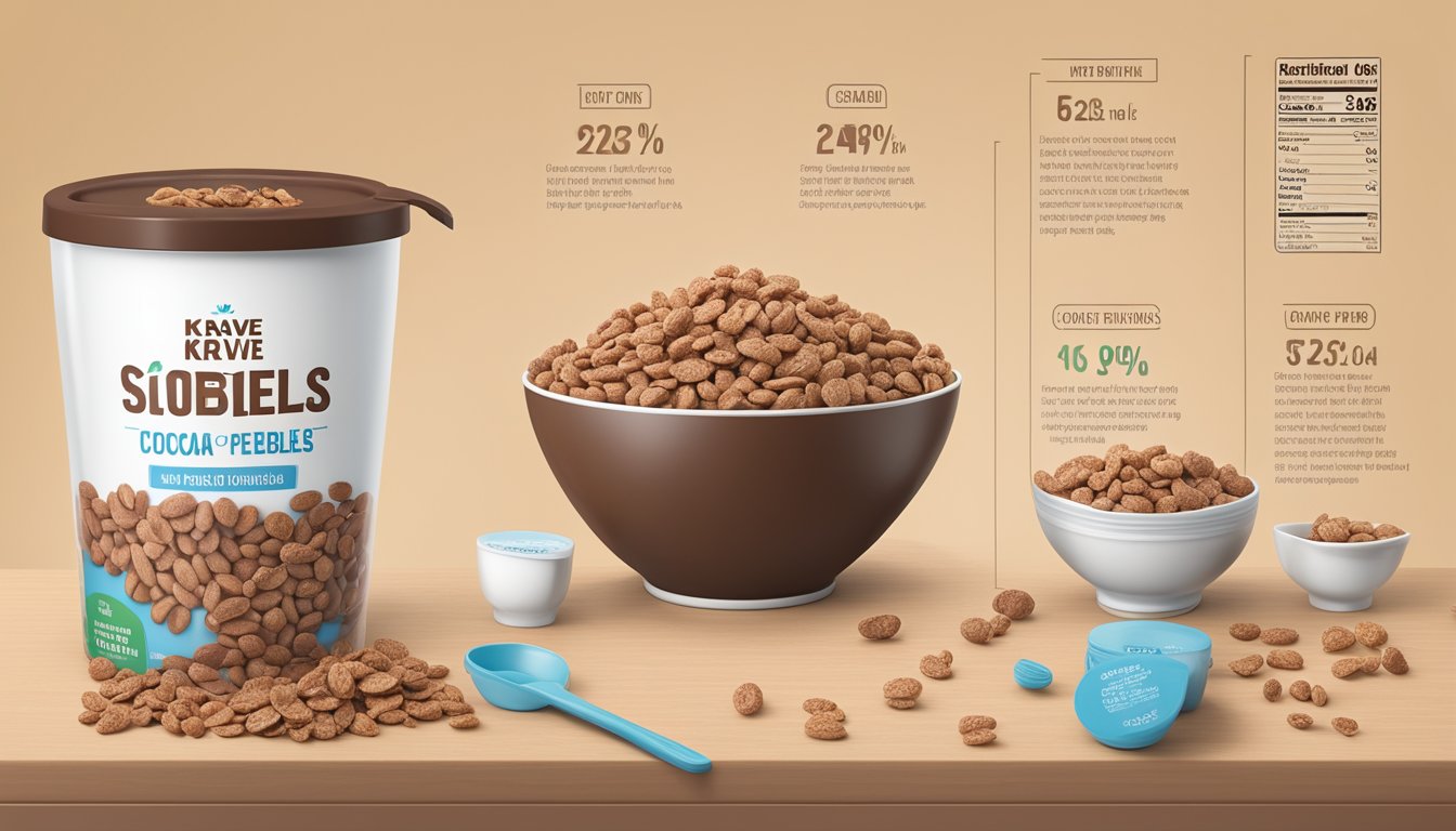 A bowl of Cocoa Pebbles and Krave cereal sit side by side on a table, surrounded by measuring cups and nutritional information labels