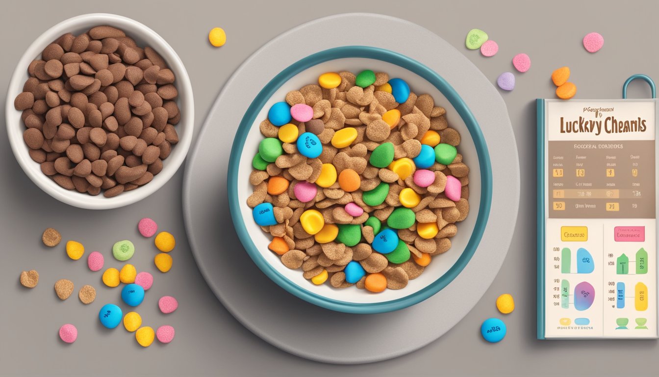 A bowl of cocoa pebbles and a bowl of lucky charms side by side, surrounded by nutritional labels and a measuring scale