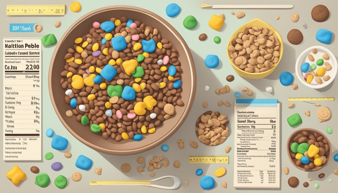 A bowl of cocoa pebbles and lucky charms side by side, surrounded by nutritional information labels and a measuring tape