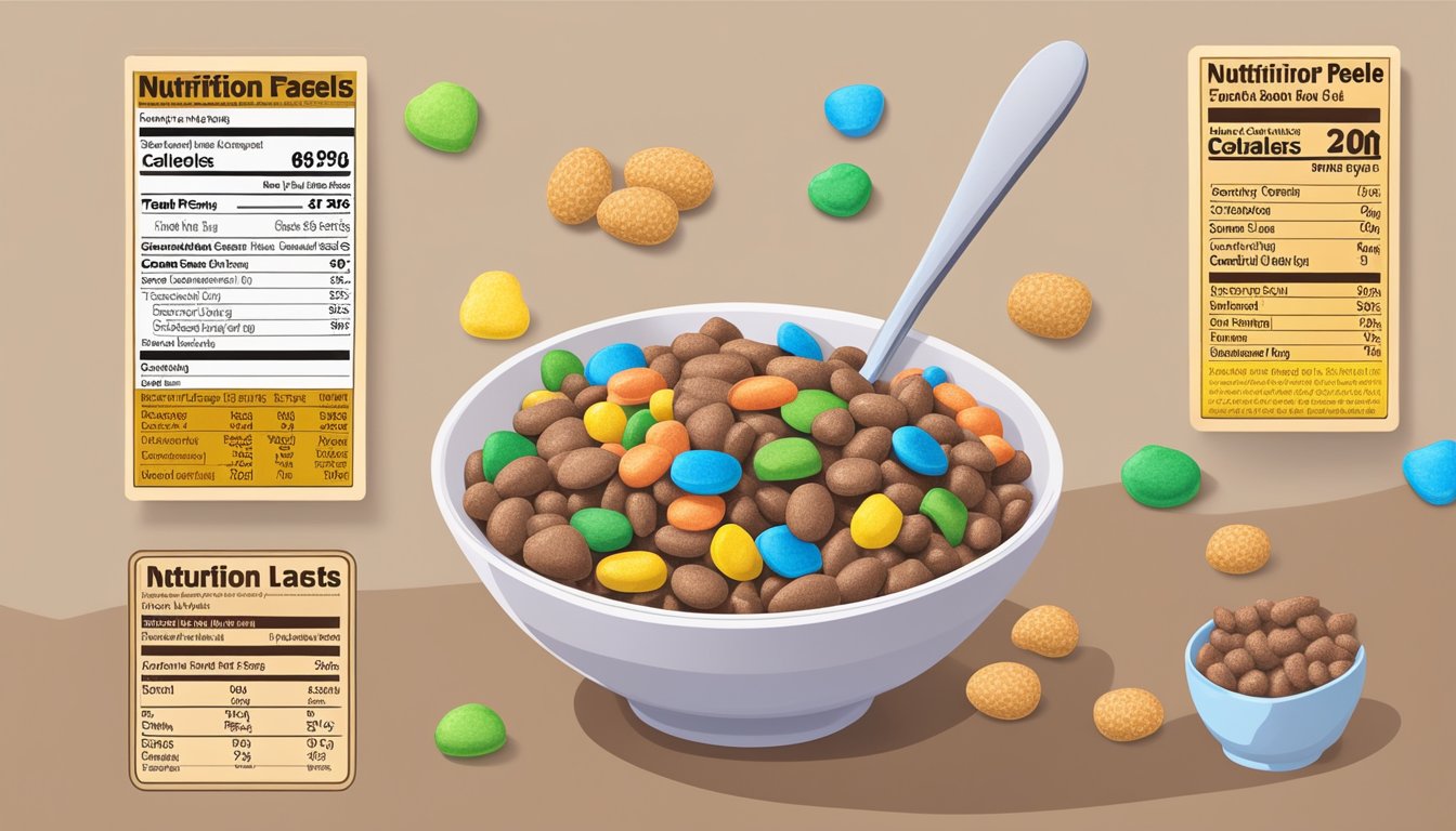 A bowl of cocoa pebbles and lucky charms side by side, surrounded by nutritional information labels