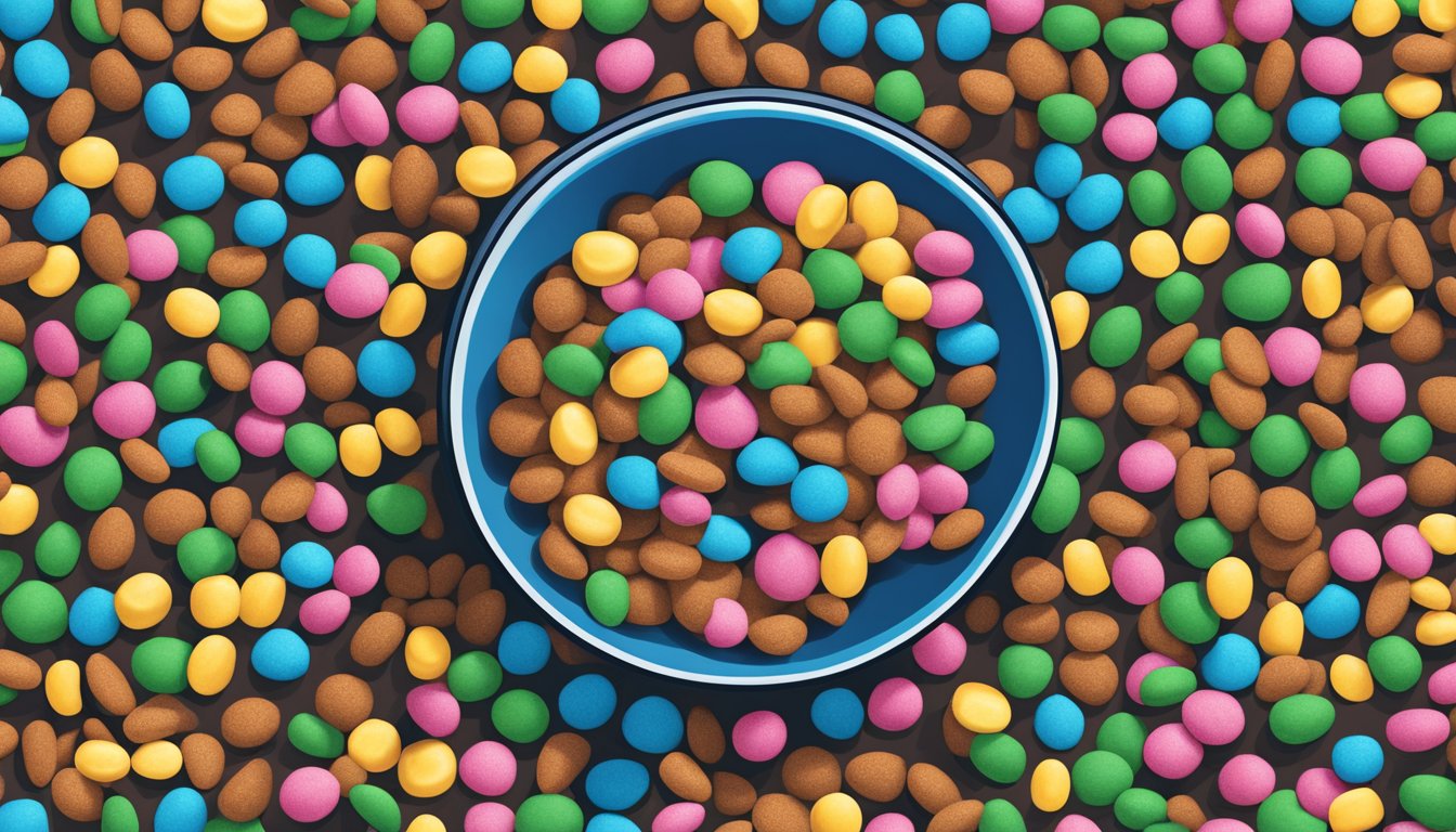 A bowl of cocoa pebbles and lucky charms side by side, with a glass of milk next to them. The cocoa pebbles appear darker and smaller, while the lucky charms are colorful and larger