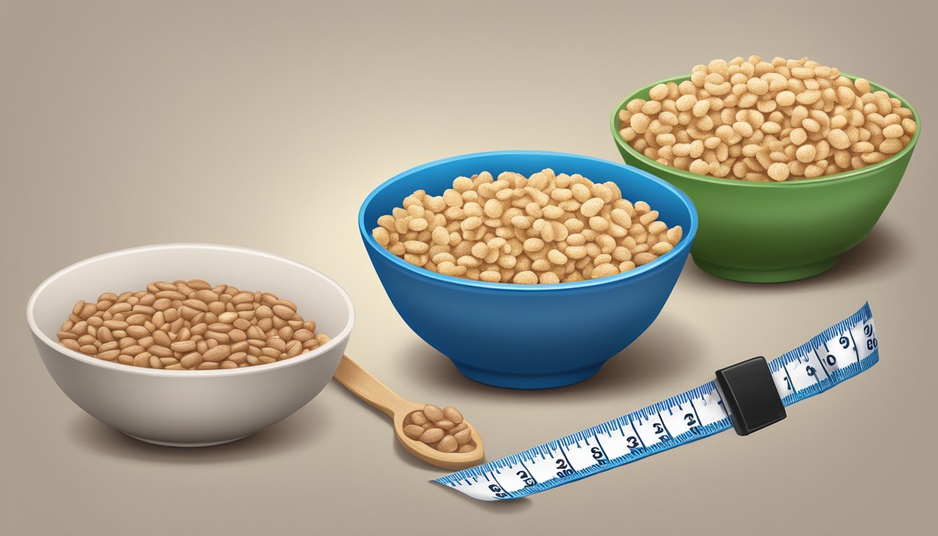 A bowl of cocoa pebbles and a bowl of rice krispies with nutritional labels and a tape measure