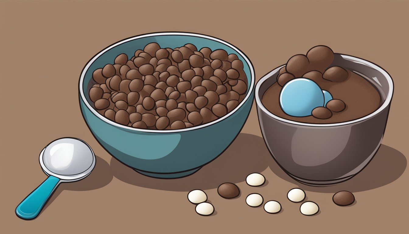 A bowl of cocoa puffs and count chocula side by side, with a measuring cup and spoon to depict portion control and serving size