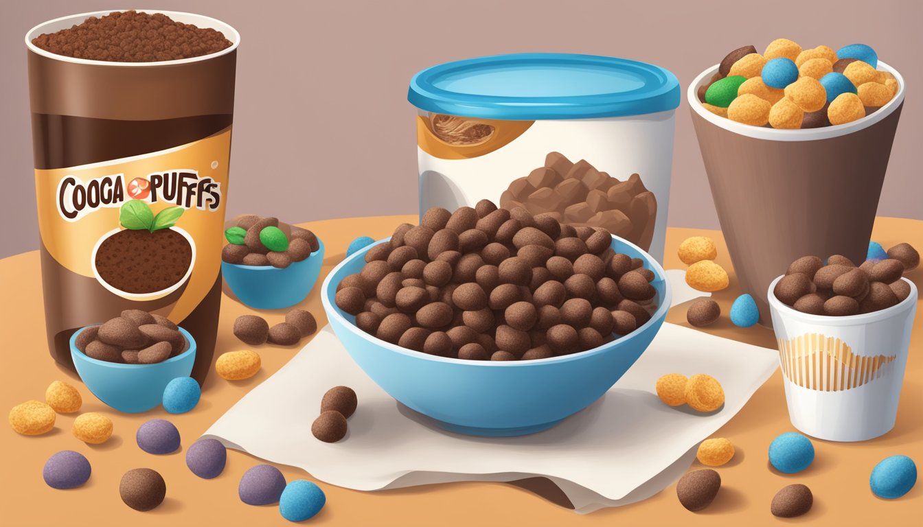 A bowl of Cocoa Puffs and Count Chocula side by side, with a nutrition label next to each, surrounded by various healthy and unhealthy food items