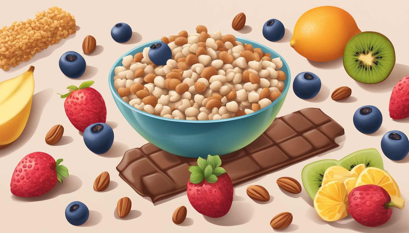 A bowl of cocoa pebbles and a bowl of rice krispies surrounded by various healthy ingredients like fruits and nuts