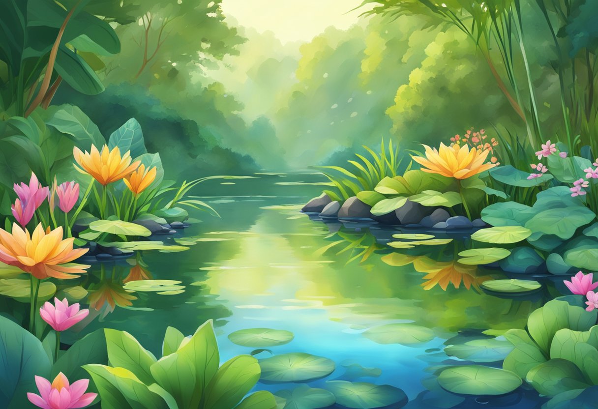 A tranquil pond with a bead filter system, surrounded by lush greenery and colorful aquatic plants