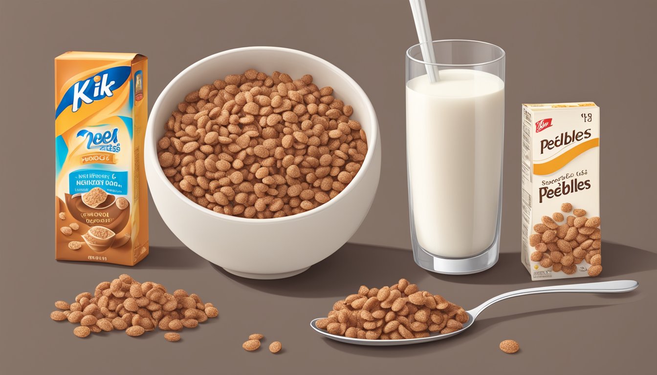 A bowl of cocoa pebbles and a bowl of Special K side by side, with a nutrition label next to each, surrounded by fresh milk and a spoon