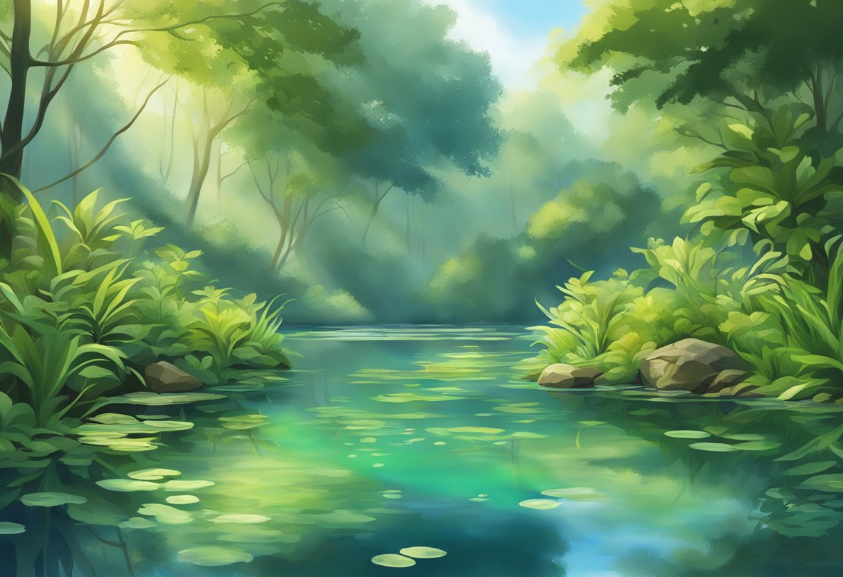 A serene pond with clear water, surrounded by lush vegetation and teeming with diverse aquatic life, with a bead filter system quietly purifying the water