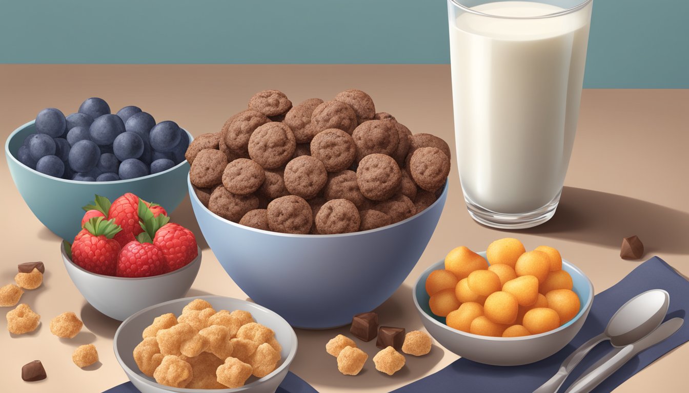 A bowl of cocoa puffs and cookie crisp sit side by side, surrounded by a variety of fruits and a glass of milk