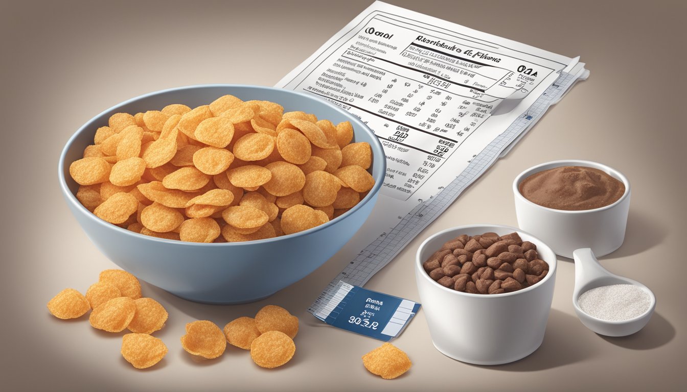 A bowl of cocoa puffs and frosted flakes side by side, surrounded by nutritional information labels and a scale