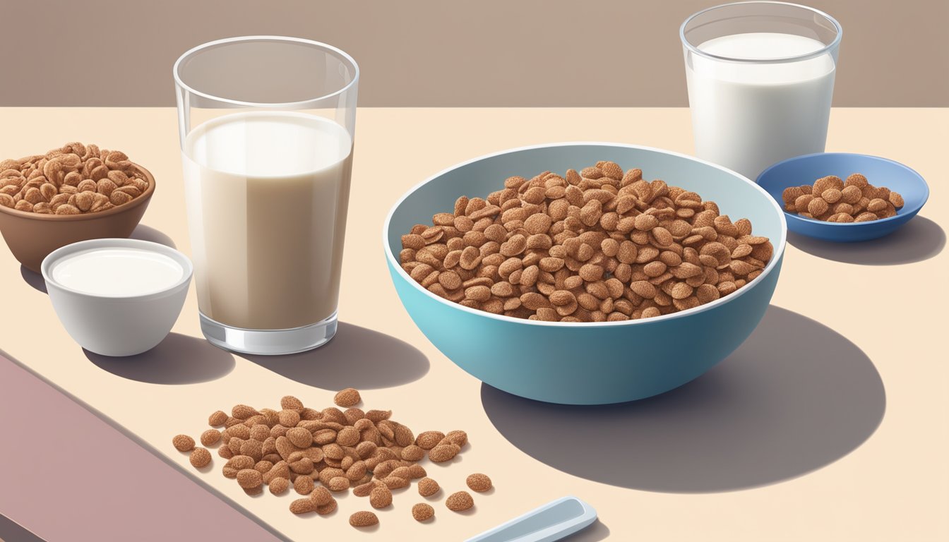 A bowl of cocoa pebbles and a bowl of Special K sit side by side on a table, surrounded by fresh fruits and a glass of milk