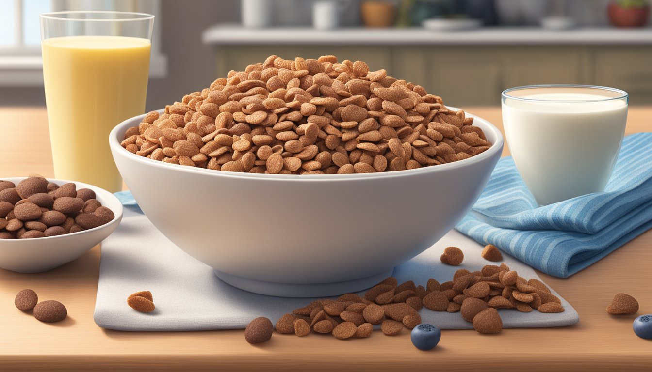 A bowl of Cocoa Pebbles and Special K sit side by side on a kitchen counter, surrounded by fresh fruit and a glass of milk