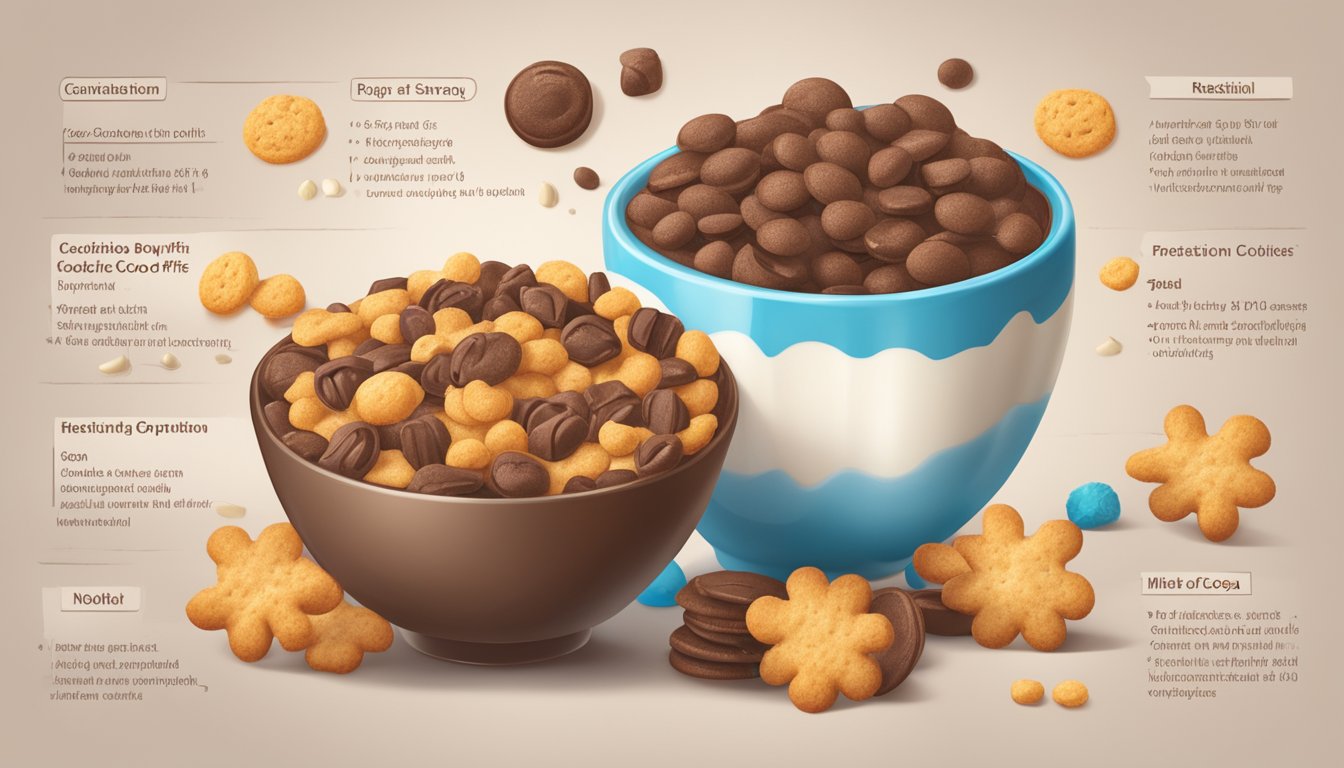 A bowl of Cocoa Puffs and Cookie Crisp with milk, surrounded by images of nutritional information and health-related symbols