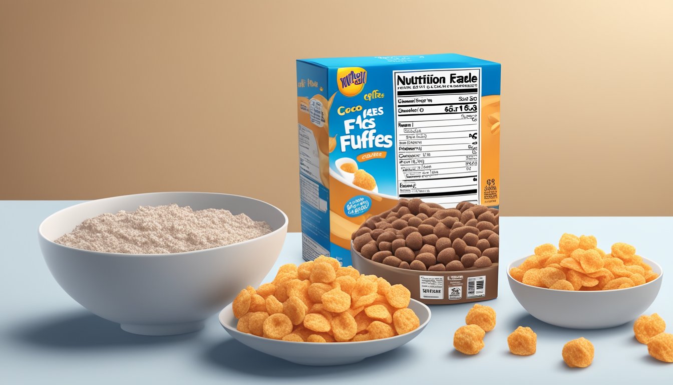 A bowl of cocoa puffs and frosted flakes surrounded by milk cartons and a nutrition label