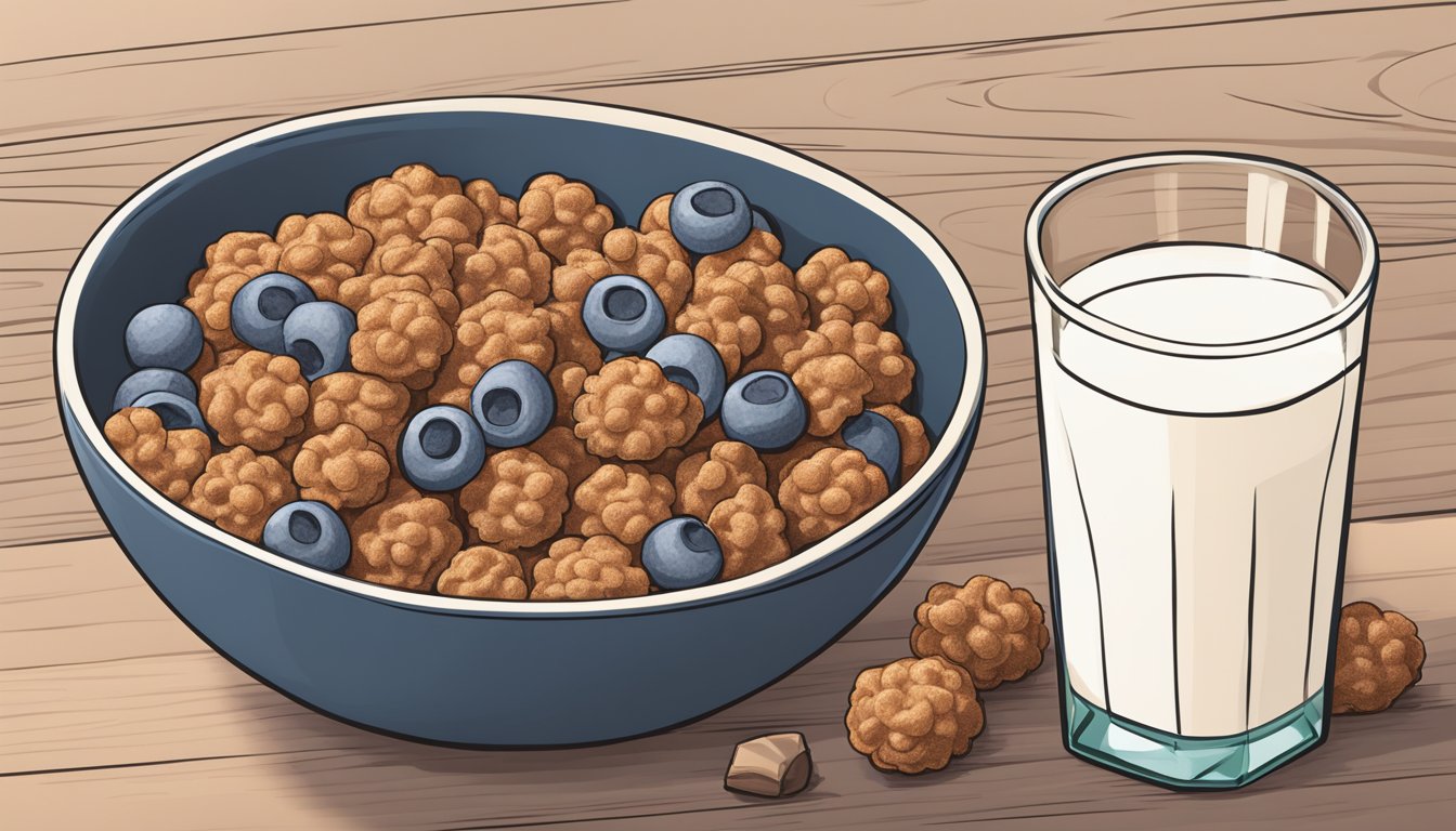 A bowl of Cocoa Puffs and a bowl of Crispix sit side by side, surrounded by fresh fruits and a glass of milk. A nutrition label is visible next to each cereal