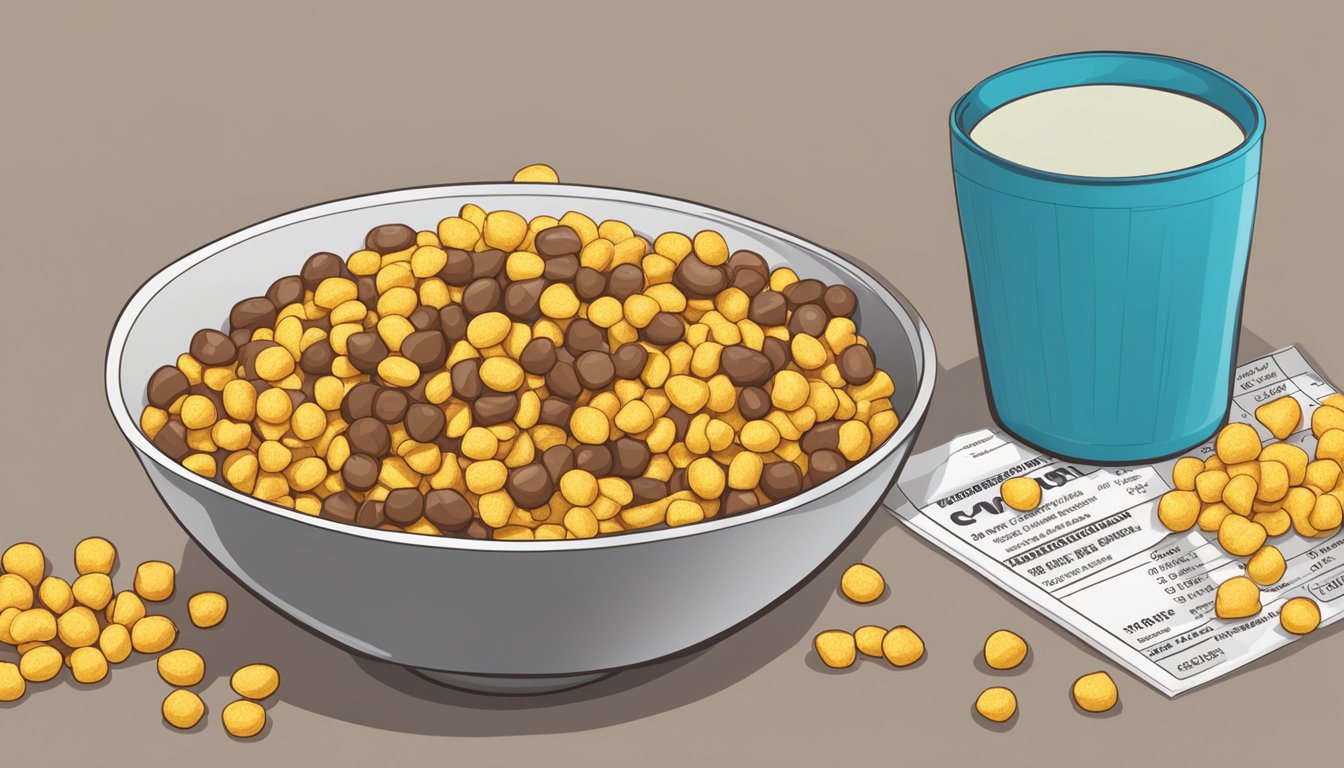 A bowl of cocoa puffs and corn pops next to each other with a measuring tape and a nutrition label in the background