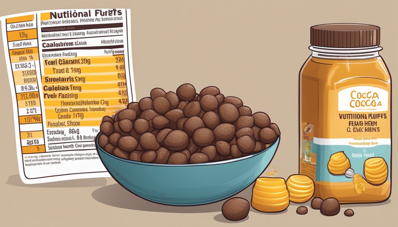 A bowl of cocoa puffs and honey ohs with nutritional labels beside them