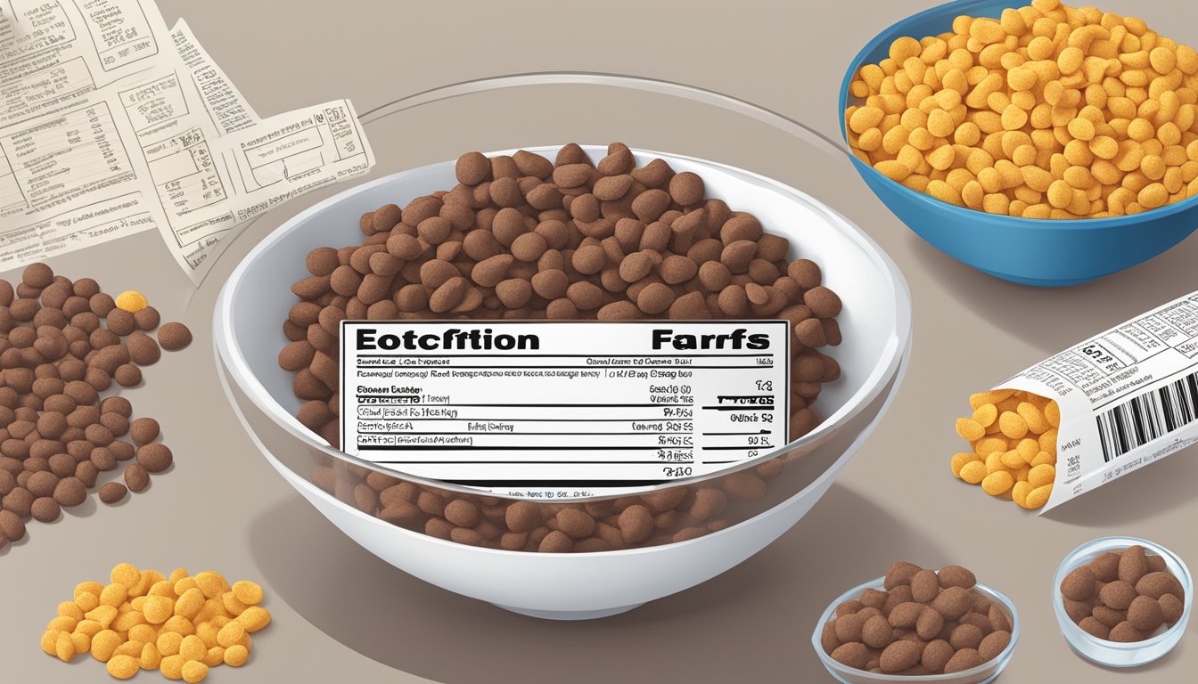 A bowl of Cocoa Puffs and Crispix side by side, surrounded by nutritional information labels and a measuring tape