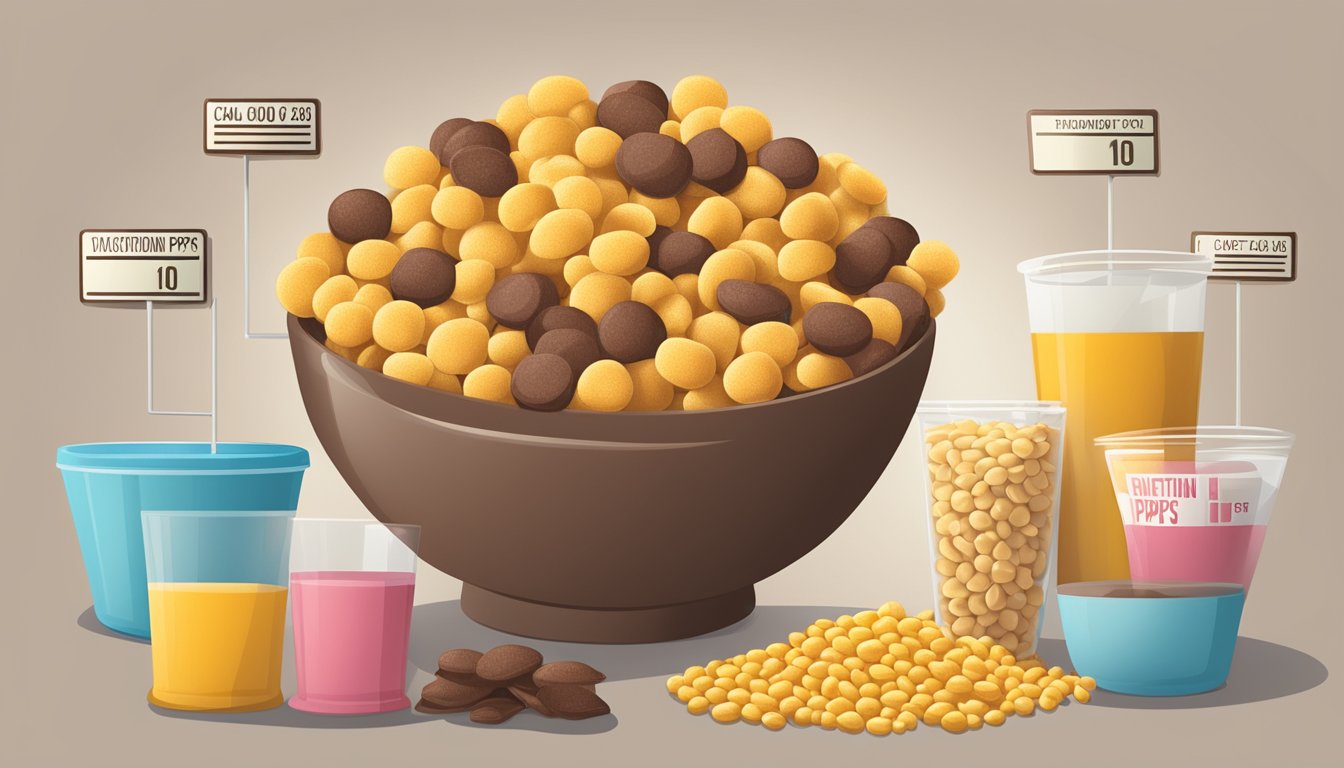 A bowl of cocoa puffs and corn pops surrounded by nutritional labels and a scale