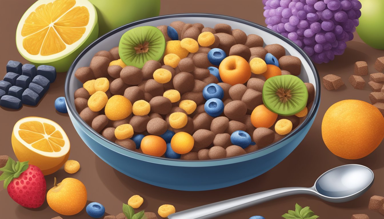 A bowl of cocoa puffs and honey ohs surrounded by various fruits and vitamin bottles, with a magnifying glass inspecting the nutritional information on each cereal box