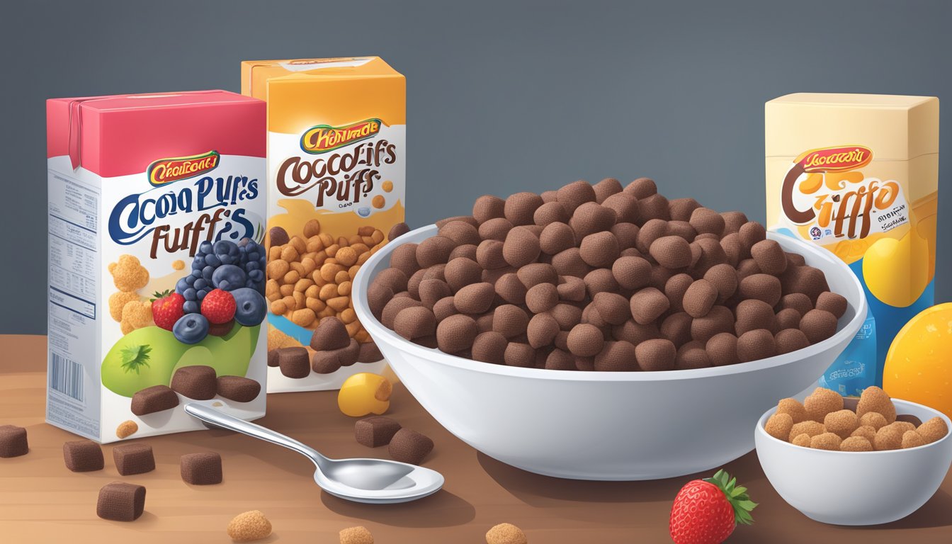 A bowl of Cocoa Puffs and Crispix side by side, surrounded by a variety of fruits and a glass of milk, with a nutrition label in the background