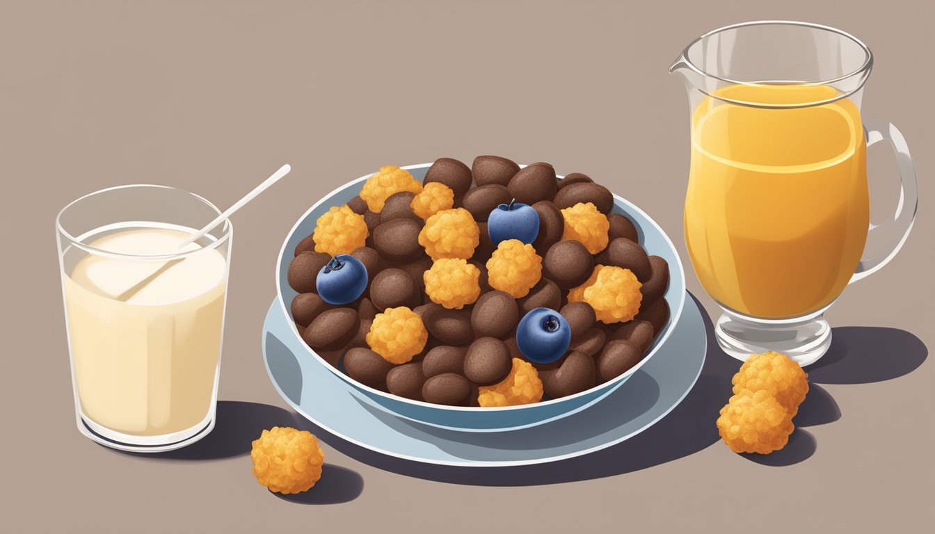 A bowl of cocoa puffs and a bowl of honey ohs sit side by side, surrounded by fresh fruit and a glass of milk