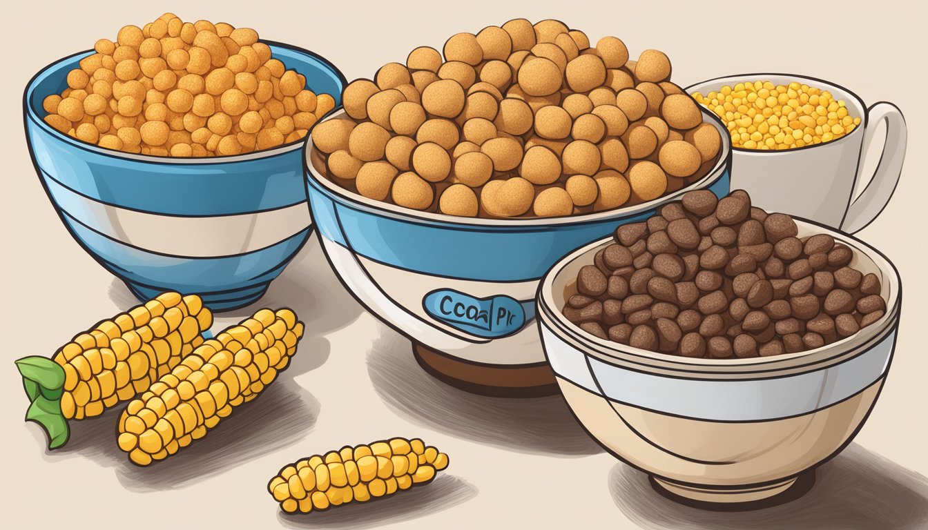 A bowl of Cocoa Puffs and a bowl of Corn Pops with various fruits and nutritional information displayed next to them